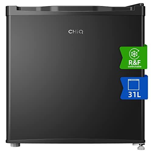 CHiQ CSD31D4EU, 31L, Mini Fridge Freezer, E, Dual Purpose, 0°C to 10°C, -18°C to -24°C, 4 Star Freezing, for TableTop, 12-Year Compressor Service, Black, 2023 New