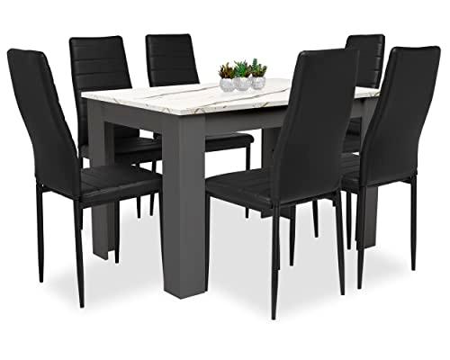 Table and Chairs Set 6, Dining Table Set, Pu Leather Dining Room Chairs and 17mm Thick Table Top 140 x 80 cm Long Wooden Dining Table Modern Design Dining Table Set For Home Kitchen Furniture