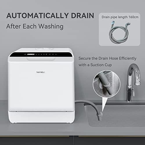 Hermitlux Mini Table Top Dishwasher, Countertop Dishwasher with 6 Programmes, 4 Place Settings, 5L Built-in Water Tank, Touch Control, Baby Care & Fruit Wash - White