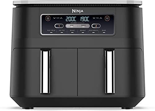 Ninja Foodi Dual Zone Digital Air Fryer, 2 Drawers, 7.6L, 6-in-1, Uses No Oil, Air Fry, Max Crisp, Roast, Bake, Reheat, Dehydrate, Cooks 4-6 Portions, Non-Stick, Dishwasher Safe Baskets, Black AF300UK