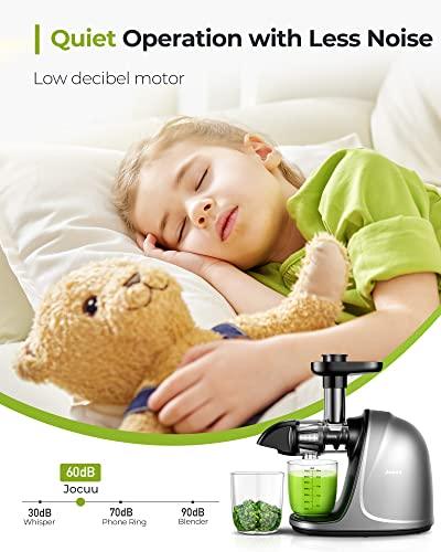Jocuu Slow Masticating Juicer with Soft/Hard Modes Easy to Clean Quiet Motor & Reverse Function, Cold Press Juicer for Fruit & Vegetable, 90% Juice Yield, with Brush & Recipes (Gray)