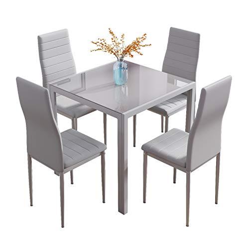 Jooli Glass Table and Chairs Set 4, 75cm Square Table with 4 Faux Leather High Back Chairs Modern Dining Room Sets for Home Kitchen Office, Grey
