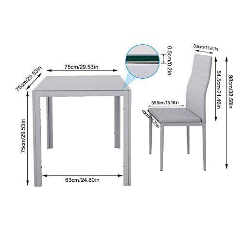 Jooli Glass Table and Chairs Set 4, 75cm Square Table with 4 Faux Leather High Back Chairs Modern Dining Room Sets for Home Kitchen Office, Grey