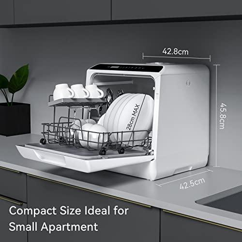 Hermitlux Mini Table Top Dishwasher, Countertop Dishwasher with 6 Programmes, 4 Place Settings, 5L Built-in Water Tank, Touch Control, Baby Care & Fruit Wash - White