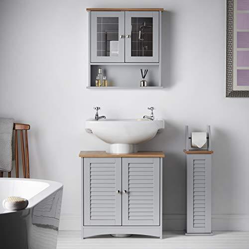CARME Atlanta 3 Piece Set Bathroom Furniture Free Standing Under Sink Storage Wall Mounted Medicine Cabinet with Mirror Modern Toilet Paper Holder Grey