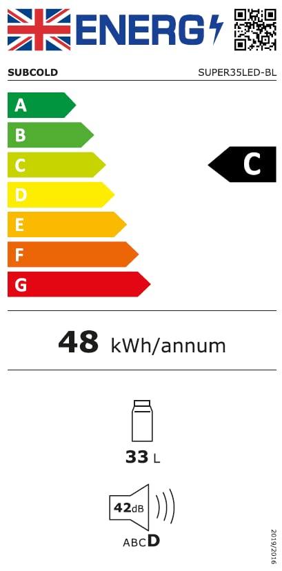 Subcold Super35 LED - Mini Fridge | 35L Glass Door Beer, Wine & Drinks Fridge | LED Light + Lock and Key | Energy Efficient (Black)