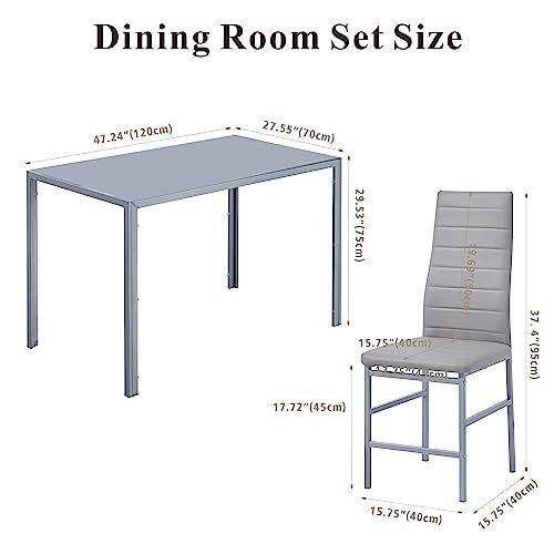 paonne Glass Dining Table Chair Set 4, 5Pcs Dining Room Set 4, Glass Rectangular Table with PU Leather Chairs Modern Home Kitchen Furniture Set (211 Table with 8514 Gray)