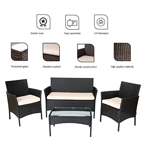 Straame 4PC Rattan Garden Furniture Set with Table, Double Seated Sofa and 2 Cushion Chairs, Outdoors Rattan Set, Weather Resistant, Comfortable Stylish Pool Side, Patio Lounger Set (Black)