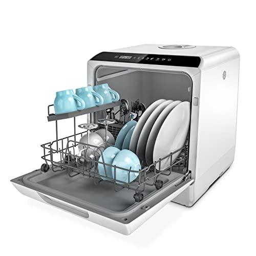 Hermitlux Mini Table Top Dishwasher, Countertop Dishwasher with 6 Programmes, 4 Place Settings, 5L Built-in Water Tank, Touch Control, Baby Care & Fruit Wash - White