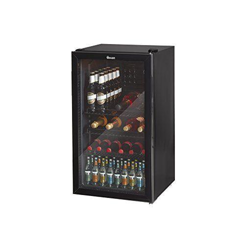 Swan 80L Glass Fronted Undercounter Freestanding Beverage/Drinks Fridge for Wine, Drinks & Snacks, 85W, SR12030BN, Black