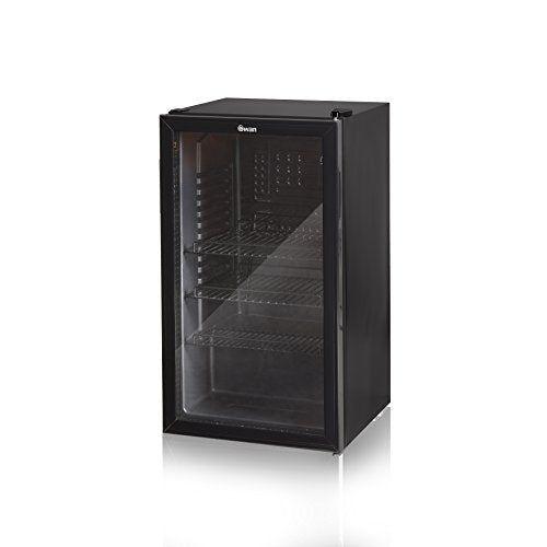 Swan 80L Glass Fronted Undercounter Freestanding Beverage/Drinks Fridge for Wine, Drinks & Snacks, 85W, SR12030BN, Black