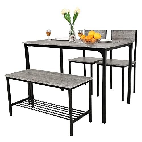 Puluomis Dining Table and 2 Chairs with Bench, Breakfast Dining Table and Chairs Set 4 Piece Dining Room Set, Modern Design for Kitchen Home Bistro Patio Garden, Grey