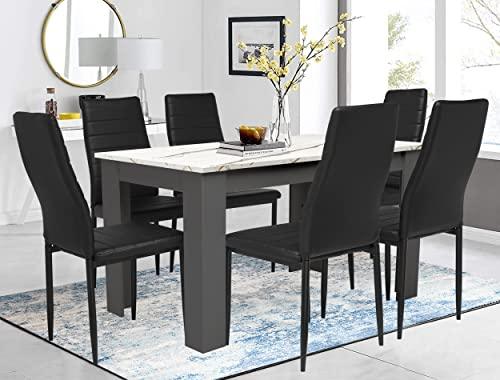 Table and Chairs Set 6, Dining Table Set, Pu Leather Dining Room Chairs and 17mm Thick Table Top 140 x 80 cm Long Wooden Dining Table Modern Design Dining Table Set For Home Kitchen Furniture