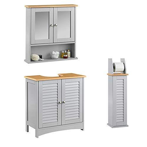 CARME Atlanta 3 Piece Set Bathroom Furniture Free Standing Under Sink Storage Wall Mounted Medicine Cabinet with Mirror Modern Toilet Paper Holder Grey