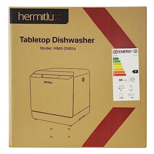 Hermitlux Mini Table Top Dishwasher, Countertop Dishwasher with 6 Programmes, 4 Place Settings, 5L Built-in Water Tank, Touch Control, Baby Care & Fruit Wash - White