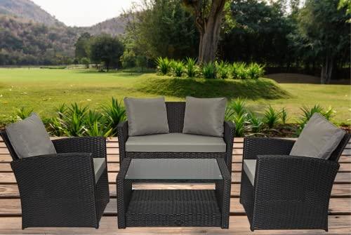 EVRE 4 Seater Rattan Garden Furniture Sofa Armchair Roma Set with Coffee Table Wicker Weave Conservatory (Black With Premium Cover)
