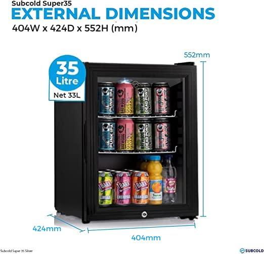 Subcold Super35 LED - Mini Fridge | 35L Glass Door Beer, Wine & Drinks Fridge | LED Light + Lock and Key | Energy Efficient (Black)