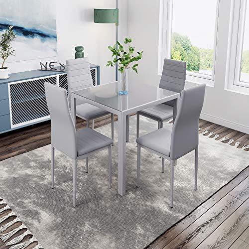Jooli Glass Table and Chairs Set 4, 75cm Square Table with 4 Faux Leather High Back Chairs Modern Dining Room Sets for Home Kitchen Office, Grey