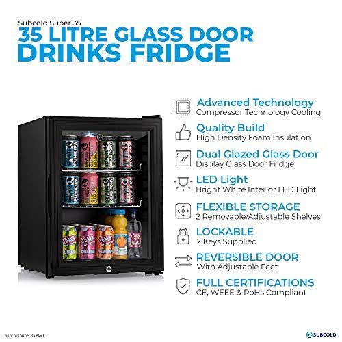 Subcold Super35 LED - Mini Fridge | 35L Glass Door Beer, Wine & Drinks Fridge | LED Light + Lock and Key | Energy Efficient (Black)