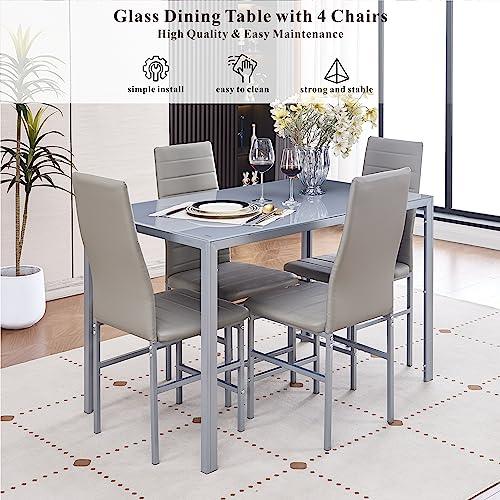paonne Glass Dining Table Chair Set 4, 5Pcs Dining Room Set 4, Glass Rectangular Table with PU Leather Chairs Modern Home Kitchen Furniture Set (211 Table with 8514 Gray)