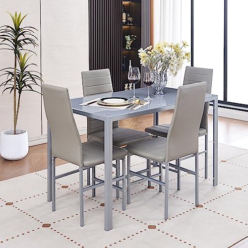 paonne Glass Dining Table Chair Set 4, 5Pcs Dining Room Set 4, Glass Rectangular Table with PU Leather Chairs Modern Home Kitchen Furniture Set (211 Table with 8514 Gray)