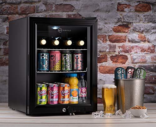Subcold Super35 LED - Mini Fridge | 35L Glass Door Beer, Wine & Drinks Fridge | LED Light + Lock and Key | Energy Efficient (Black)