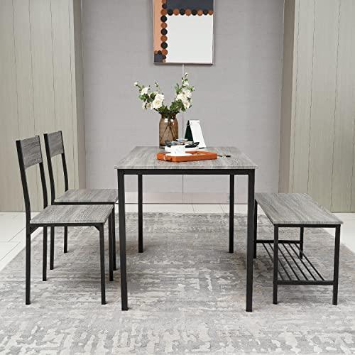 Puluomis Dining Table and 2 Chairs with Bench, Breakfast Dining Table and Chairs Set 4 Piece Dining Room Set, Modern Design for Kitchen Home Bistro Patio Garden, Grey