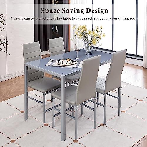 paonne Glass Dining Table Chair Set 4, 5Pcs Dining Room Set 4, Glass Rectangular Table with PU Leather Chairs Modern Home Kitchen Furniture Set (211 Table with 8514 Gray)