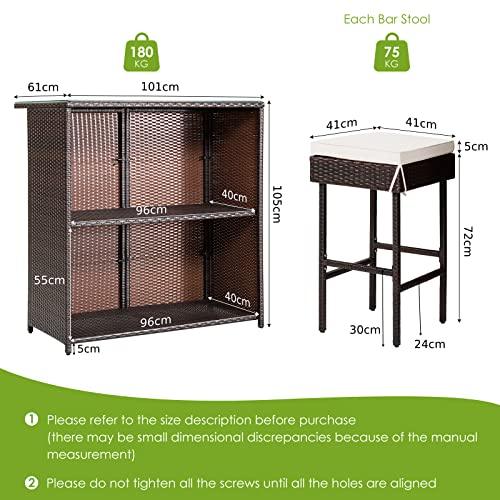 COSTWAY 3-Piece Garden Bar Set, Patio Rattan Bistro Set with Glass Top Bar Table and 2 Cushioned Bar Stools, Outdoor Dining Furniture Wicker Conservation Set for Balcony Terrace Poolside (Off White)