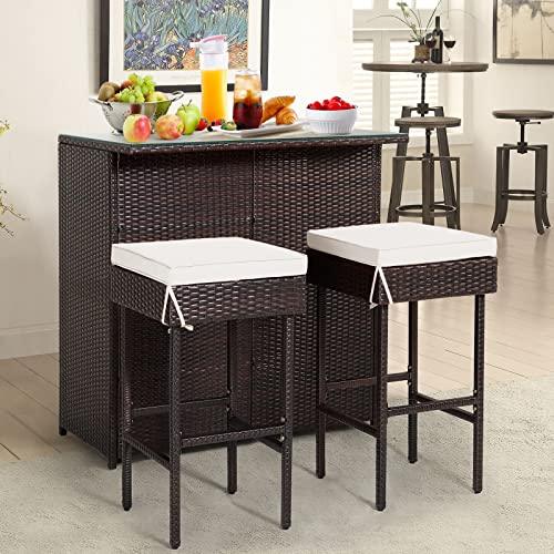 COSTWAY 3-Piece Garden Bar Set, Patio Rattan Bistro Set with Glass Top Bar Table and 2 Cushioned Bar Stools, Outdoor Dining Furniture Wicker Conservation Set for Balcony Terrace Poolside (Off White)