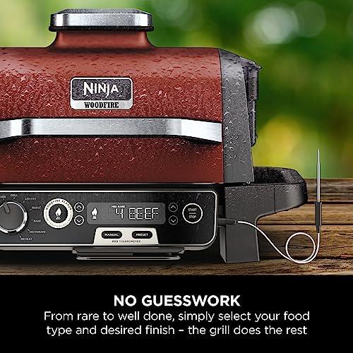 Ninja Woodfire Electric Outdoor BBQ Grill, Smoker and Air Fryer with Pellets and Digital Probe, 5 Skewers, 7 Functions; Grill, Smoke, Air Fry, Roast and more, Red/Black, Amazon Exclusive OG751UKAMZ