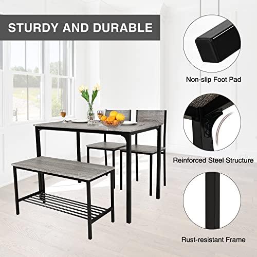 Puluomis Dining Table and 2 Chairs with Bench, Breakfast Dining Table and Chairs Set 4 Piece Dining Room Set, Modern Design for Kitchen Home Bistro Patio Garden, Grey
