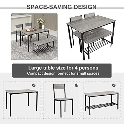Puluomis Dining Table and 2 Chairs with Bench, Breakfast Dining Table and Chairs Set 4 Piece Dining Room Set, Modern Design for Kitchen Home Bistro Patio Garden, Grey