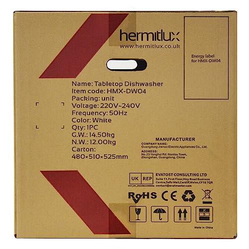 Hermitlux Mini Table Top Dishwasher, Countertop Dishwasher with 6 Programmes, 4 Place Settings, 5L Built-in Water Tank, Touch Control, Baby Care & Fruit Wash - White
