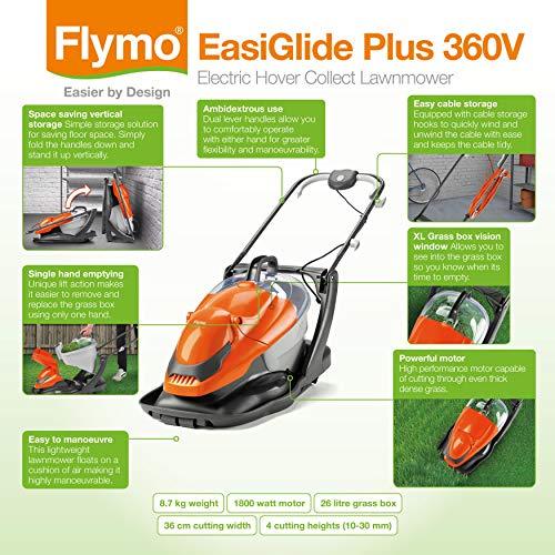 Flymo EasiGlide Plus 360V Hover Collect Lawn Mower - 1800W Motor, 36cm Cutting Width, 26 Litre Grass Box, Folds Flat, 10m Cable Length, Orange and Grey