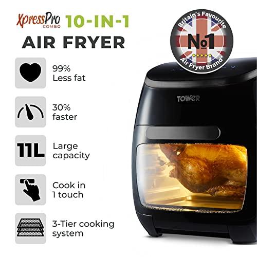 Tower T17076 Xpress Pro Combo 10-in-1 Digital Air Fryer Oven with Rapid Air Circulation, 60-Minute Timer, 11L, 2000W, Black