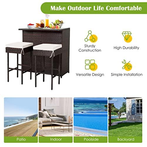 COSTWAY 3-Piece Garden Bar Set, Patio Rattan Bistro Set with Glass Top Bar Table and 2 Cushioned Bar Stools, Outdoor Dining Furniture Wicker Conservation Set for Balcony Terrace Poolside (Off White)