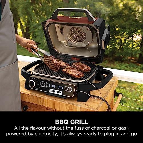 Ninja Woodfire Electric Outdoor BBQ Grill, Smoker and Air Fryer with Pellets and Digital Probe, 5 Skewers, 7 Functions; Grill, Smoke, Air Fry, Roast and more, Red/Black, Amazon Exclusive OG751UKAMZ