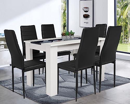 Blisswood Dining Table Set, Dining Table And Chair Set 6, Pu Leather Dining Room Chairs and 17mm Thick Table Top 140 x 80 cm Long Wooden Dining Table Modern Design Dining Table Set