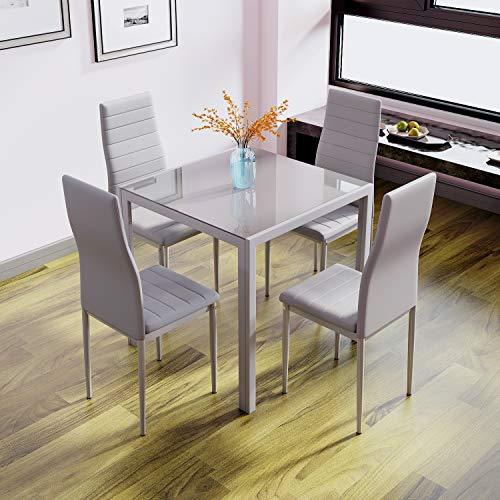 Jooli Glass Table and Chairs Set 4, 75cm Square Table with 4 Faux Leather High Back Chairs Modern Dining Room Sets for Home Kitchen Office, Grey