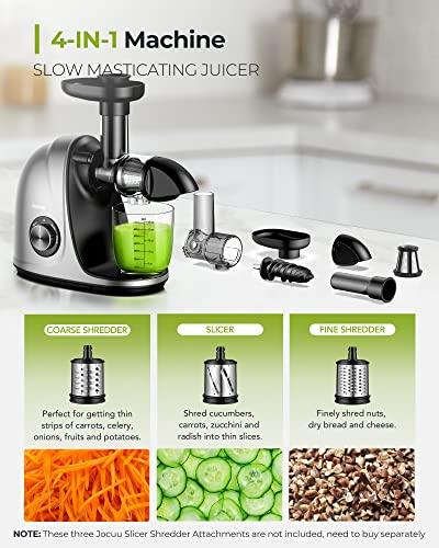 Jocuu Slow Masticating Juicer with Soft/Hard Modes Easy to Clean Quiet Motor & Reverse Function, Cold Press Juicer for Fruit & Vegetable, 90% Juice Yield, with Brush & Recipes (Gray)