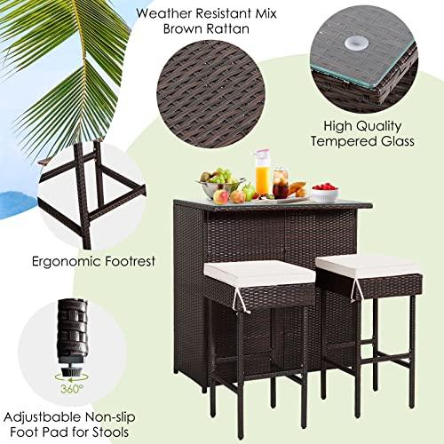 COSTWAY 3-Piece Garden Bar Set, Patio Rattan Bistro Set with Glass Top Bar Table and 2 Cushioned Bar Stools, Outdoor Dining Furniture Wicker Conservation Set for Balcony Terrace Poolside (Off White)