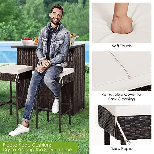 COSTWAY 3-Piece Garden Bar Set, Patio Rattan Bistro Set with Glass Top Bar Table and 2 Cushioned Bar Stools, Outdoor Dining Furniture Wicker Conservation Set for Balcony Terrace Poolside (Off White)