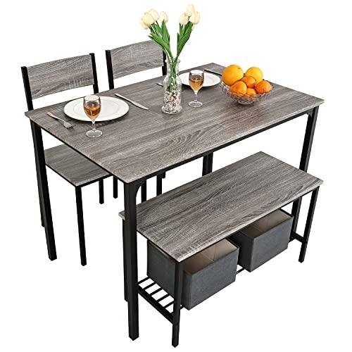 Puluomis Dining Table and 2 Chairs with Bench, Breakfast Dining Table and Chairs Set 4 Piece Dining Room Set, Modern Design for Kitchen Home Bistro Patio Garden, Grey