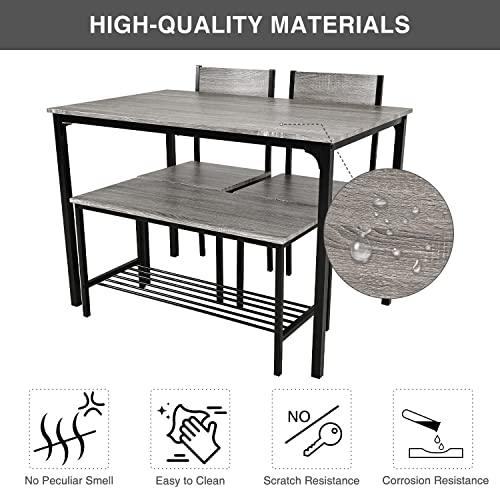 Puluomis Dining Table and 2 Chairs with Bench, Breakfast Dining Table and Chairs Set 4 Piece Dining Room Set, Modern Design for Kitchen Home Bistro Patio Garden, Grey