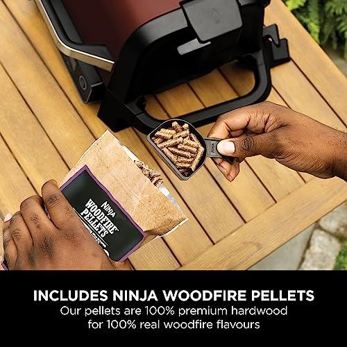 Ninja Woodfire Electric Outdoor BBQ Grill, Smoker and Air Fryer with Pellets and Digital Probe, 5 Skewers, 7 Functions; Grill, Smoke, Air Fry, Roast and more, Red/Black, Amazon Exclusive OG751UKAMZ