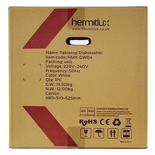 Hermitlux Mini Table Top Dishwasher, Countertop Dishwasher with 6 Programmes, 4 Place Settings, 5L Built-in Water Tank, Touch Control, Baby Care & Fruit Wash - White