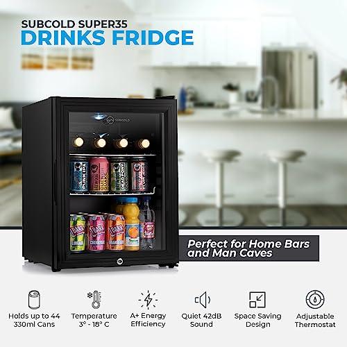 Subcold Super35 LED - Mini Fridge | 35L Glass Door Beer, Wine & Drinks Fridge | LED Light + Lock and Key | Energy Efficient (Black)