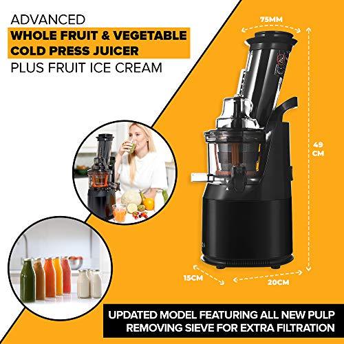 Powerful Masticating Juicer for Whole Fruits and Vegetables, Fresh Healthy Juice, Sorbet, Ice Cream, Wide Mouth 75mm Feeding Chute, BPA Free, 240-Watt, Cold Press, Black Stainless Steel Fridja f1900