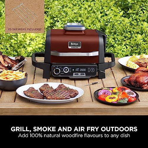 Ninja Woodfire Electric Outdoor BBQ Grill, Smoker and Air Fryer with Pellets and Digital Probe, 5 Skewers, 7 Functions; Grill, Smoke, Air Fry, Roast and more, Red/Black, Amazon Exclusive OG751UKAMZ